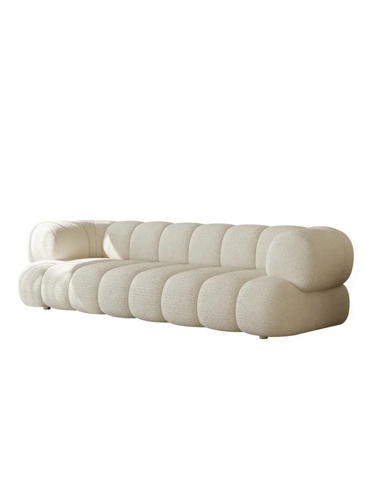 French Cream Style Sofa Living Room Minimalist Straight Row Three-Person Lambswool Puff Sofa