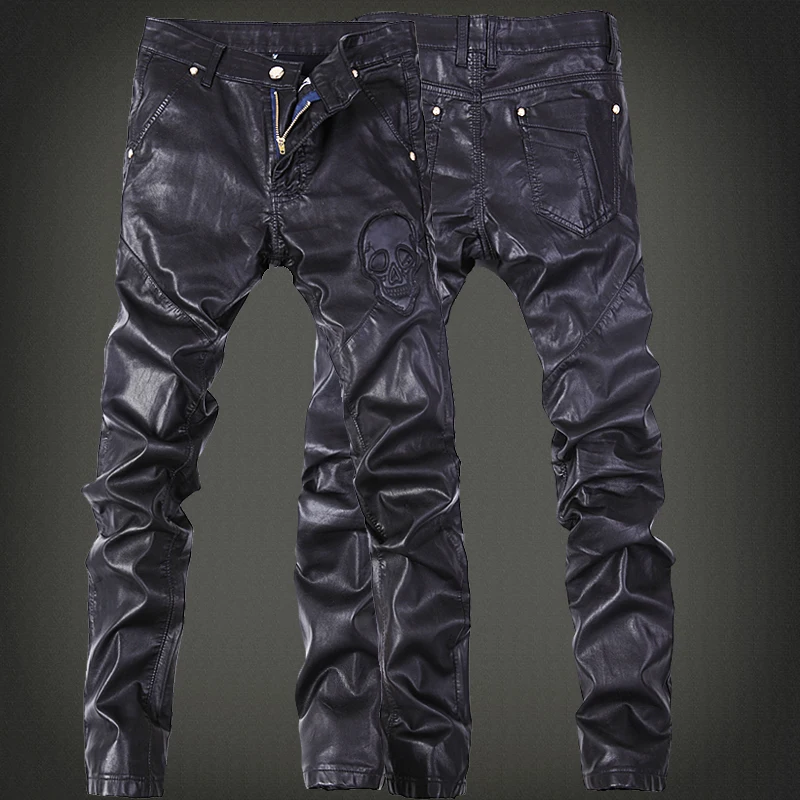 

Fashion Brand Embroidered Leather Pants Men's Trousers DJ Club Leather Pants Jogging Cycling Locomotive Men Zipper Leather Pants