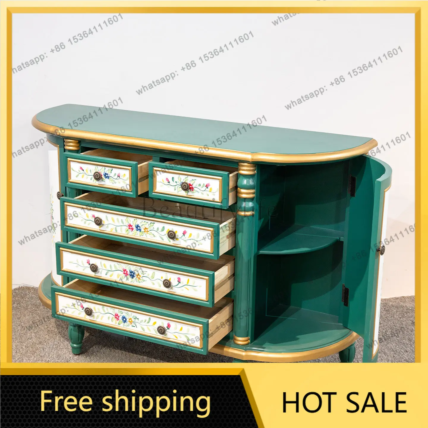 Factory Direct American Retro Painted Semicircular Foyer Cabinet Flower Hand Painted Large Capacity Storage Cabinet