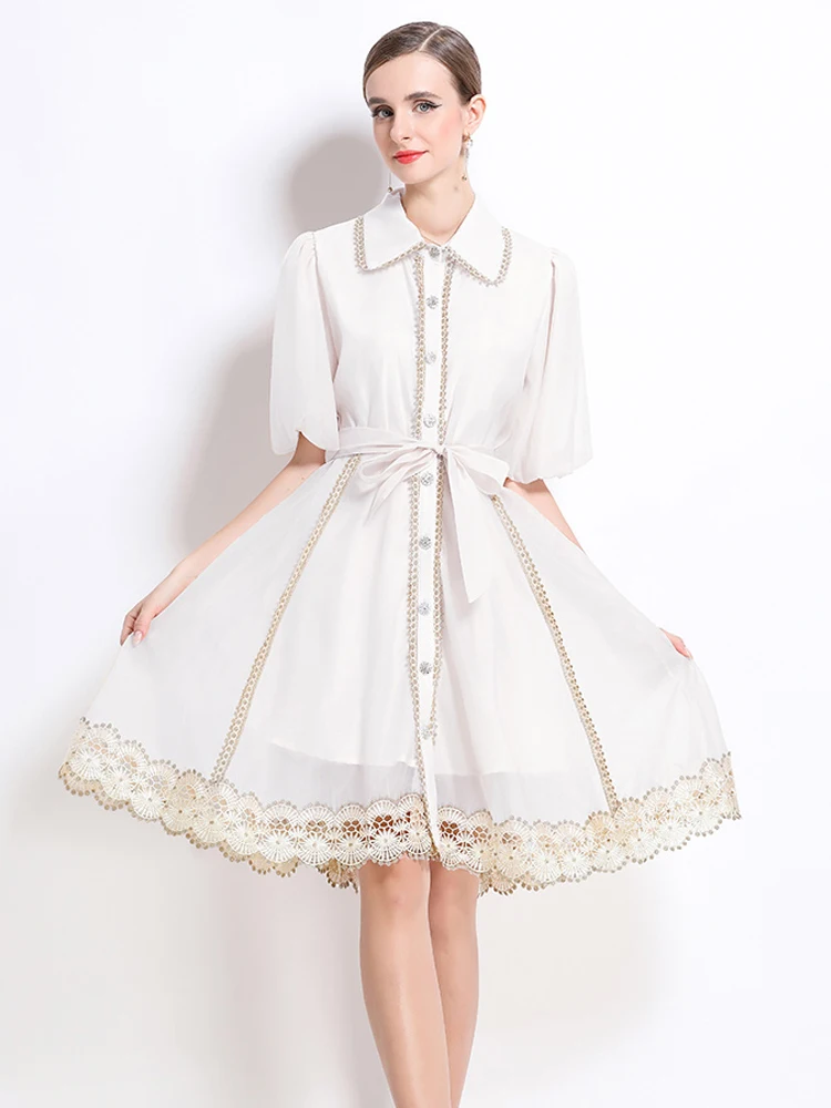 Vintage Women Lace patchwork shirt dress 2025 Summer Luxury Short puff sleeve Mini dresses with sashes Ladies Beach INKEO 5D182