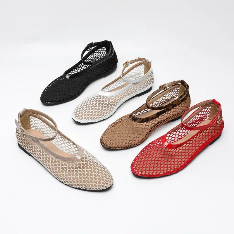 

Fashion Hollow Design Mesh Breathable Women's Flats Sexy T-Strap Belt Buckle Ballet Shoe Non-Slip Soft Sole Cozy Shoes for Women