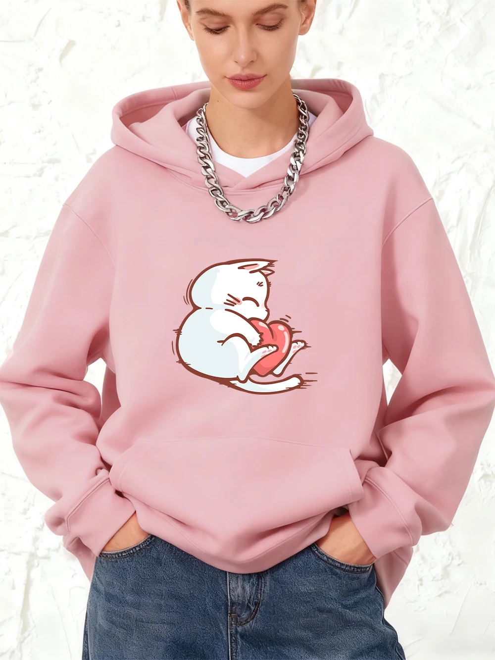 Sudaderas con capucha con estampado de gato y corazón rojo para mujer, jersey de algodón con bolsillo para correr, sudadera holgada deportiva, ropa cálida de lana para invierno