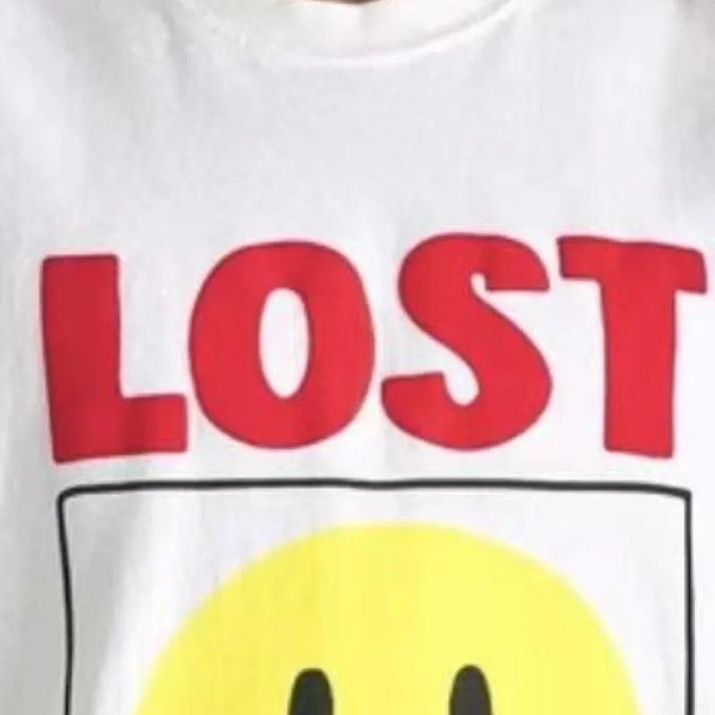 Lost Yellow Face Printed Letter Logo Washed White Round Neck Short Sleeve Summer Oversize SATOSHI Tshirts Men Women Streetwear