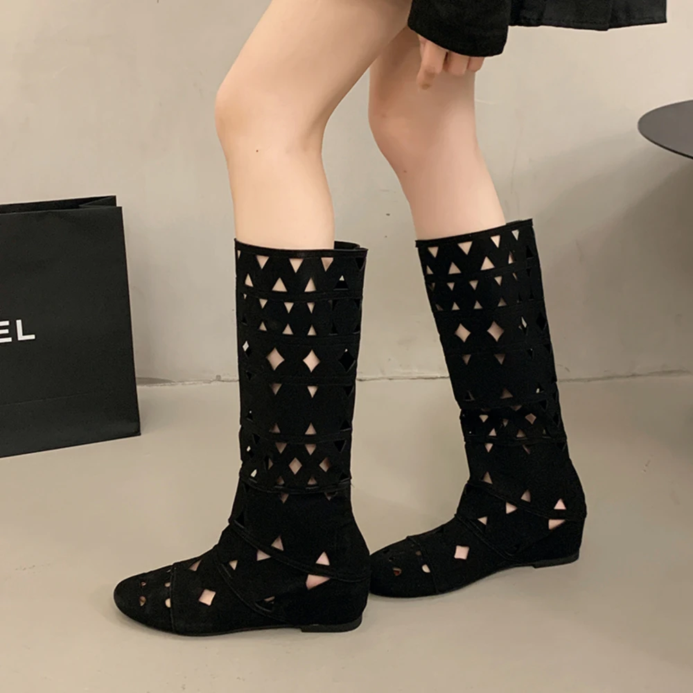 Botas Largas de Moda para Mujer con Diseño Calado, Sandalias Romanas Transpirables con Plataforma Plana y Recortes, Botas Altas hasta la Rodilla Negras/Beige para Verano