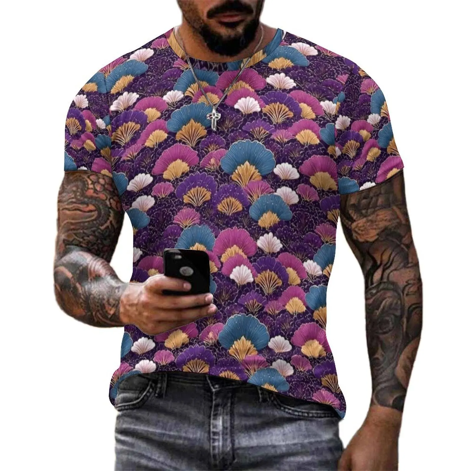 Purple Fan Leaf Print T Shirt  Harajuku T Shirts Short Sleeves Design Tshirt Hot Sale Beach Aesthetic Oversize Tees
