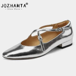 JOZHAMTA Size 34-40 Women Casual Flats Shoes For Ballet Real Leather Cross Strap Low Heels Shoes Ins Silver Spring 2025 Dress