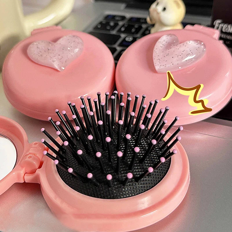 Cute Pink Love Folding Massage Comb Head Massage Air Cushion Comb Anti-Static Portable Travel Girl Hair Combs With Mirror