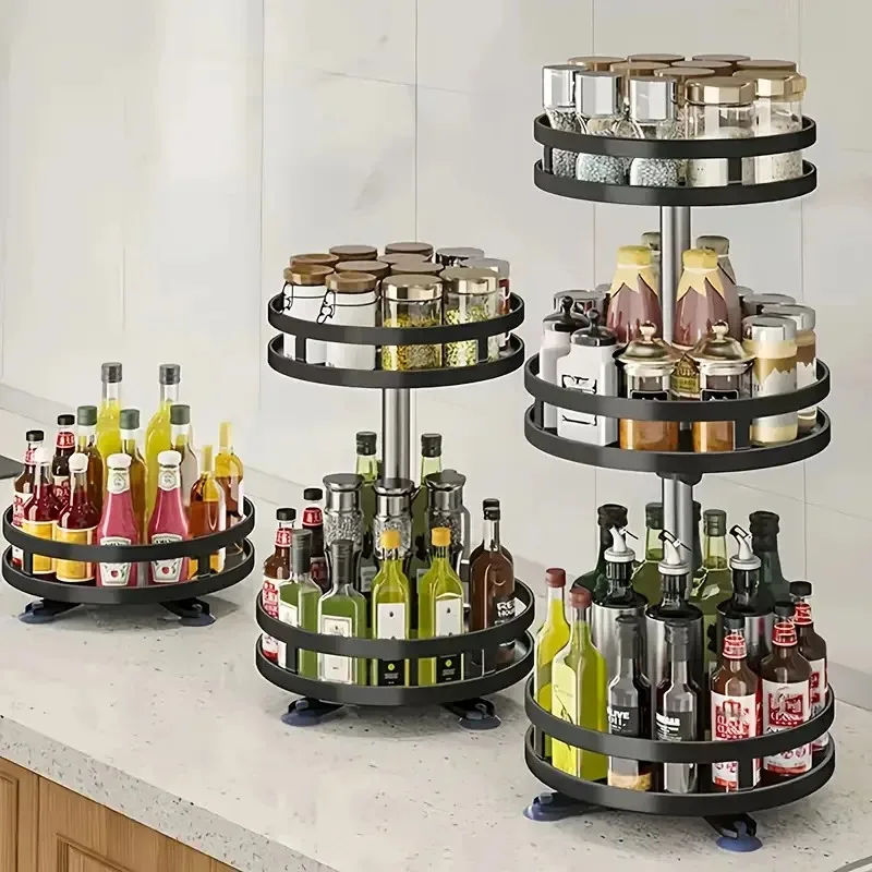 360° Rotating Kitchen Spice Rack Seasoning Storage Turntable Tray Non-Punch Multi-Functional Countertop Organizer for Bottles