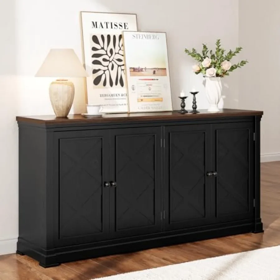 63 Inch Buffet Cabinet with Storage, 4 Barn Doors for Dining Room, Solid Wood, Natural Finish, Rustic Charm and Ample Concealed