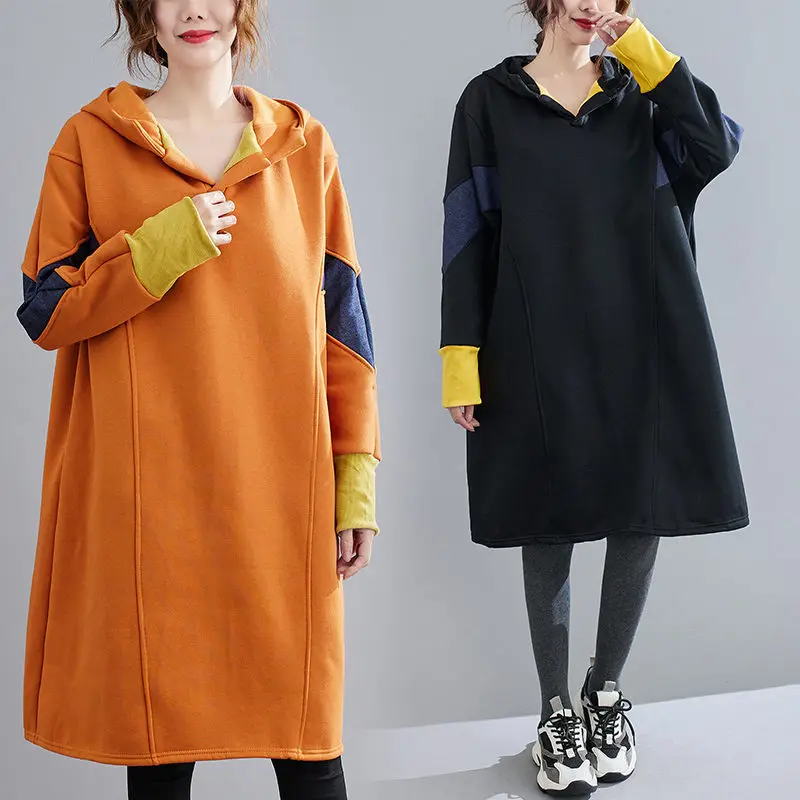 

Plush Sweatshirt Dress Women's 2022 Popular Fashion Autumn Winter Literature Contrast Thickened Hooded Dress Female Robe T1368