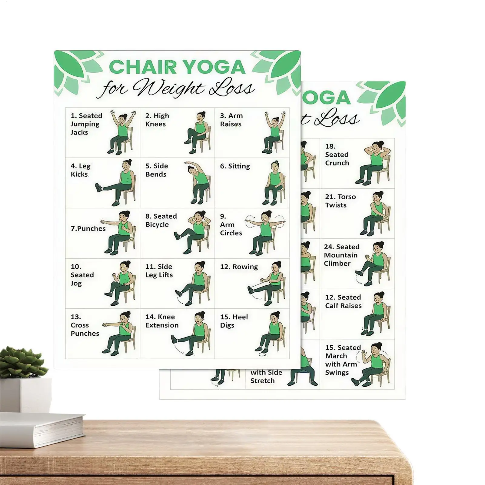 Tableaux d'entraînement de yoga sur chaise de 30 jours, 2 affiches de guide d'entraînement de yoga sur chaise pour seniors débutants, pour la mobilité, l'équilibre et la flexibilité