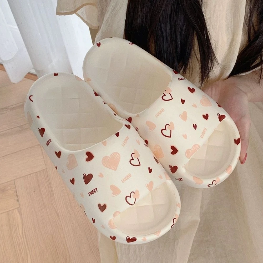 Cute Love Print Design Thick Sole Women Slippers Slides Bathroom Beach Indoor Sandals Summer Couple Shoes