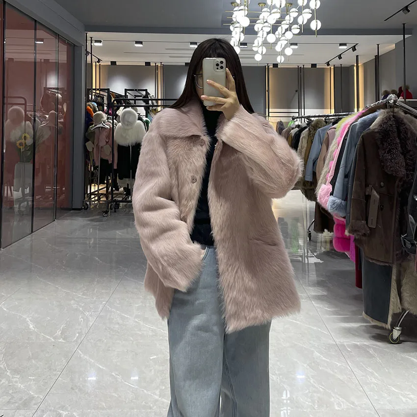 Janefur 여성 겨울 중간 길이 Shearling 코트 두꺼운 핑크 진짜 가죽 자켓 따뜻한 세련된 푹신한 JFB9-25018