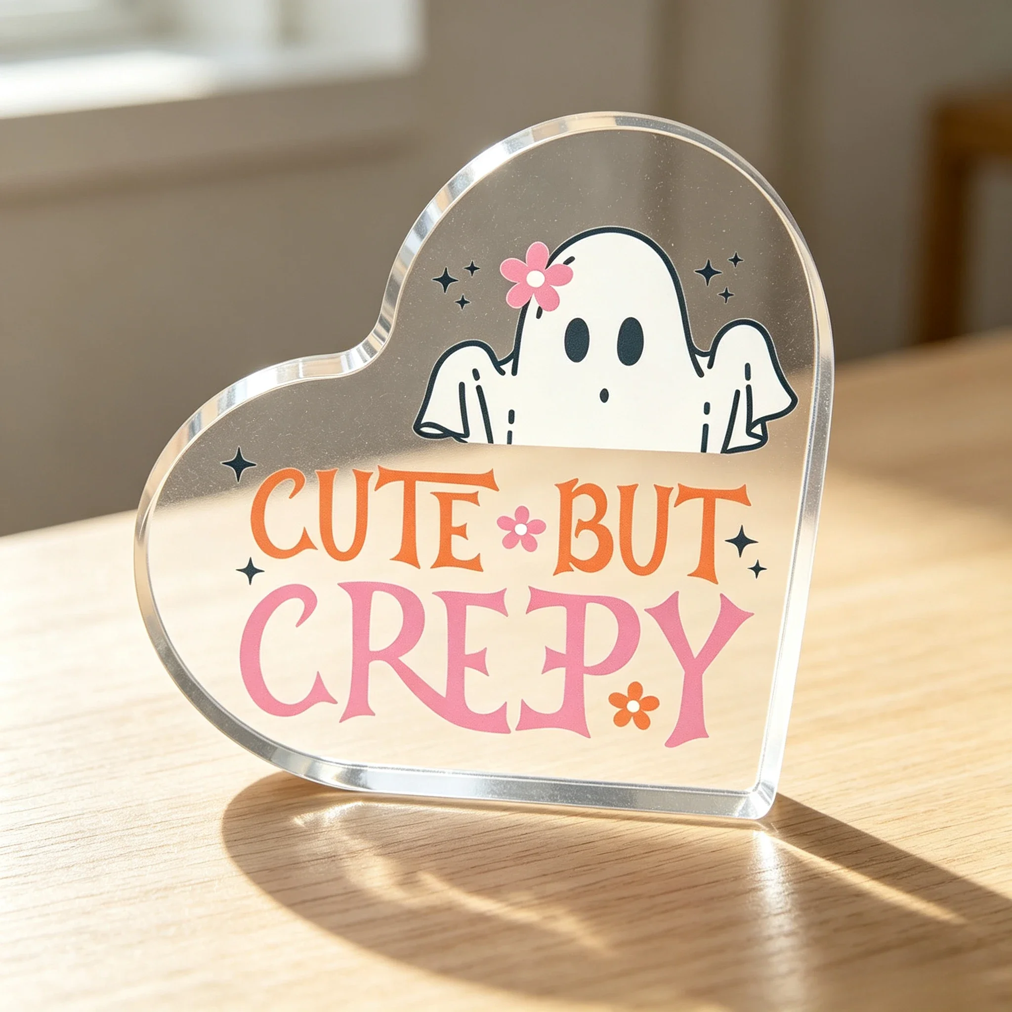 Cute But Creepy Heart‑Shaped Acrylic Plaque, Flower Ghost Halloween Desktop Decor