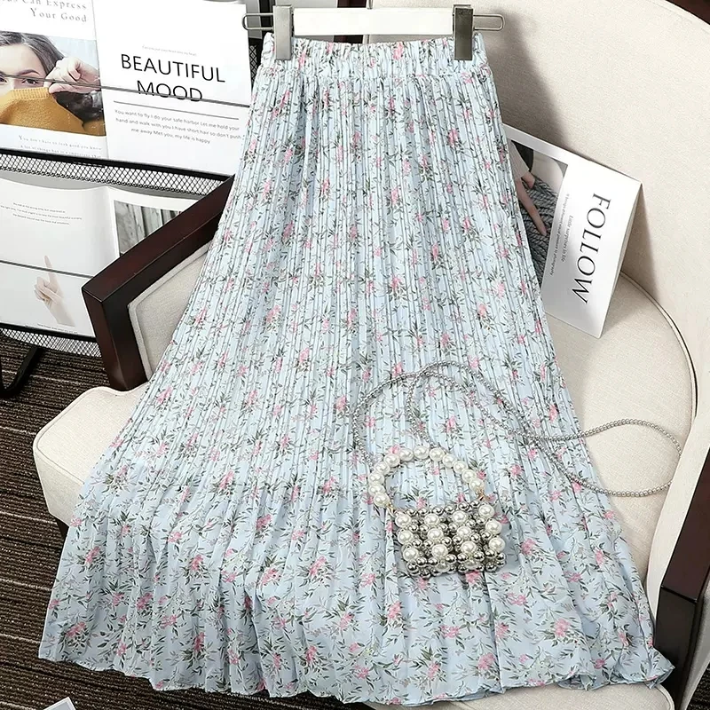 Casual Broken Floral Skirts For Women Clothing 2023 Spring Summer Vintage Slim Chiffon Draped Pleated A-line Skirts bd927