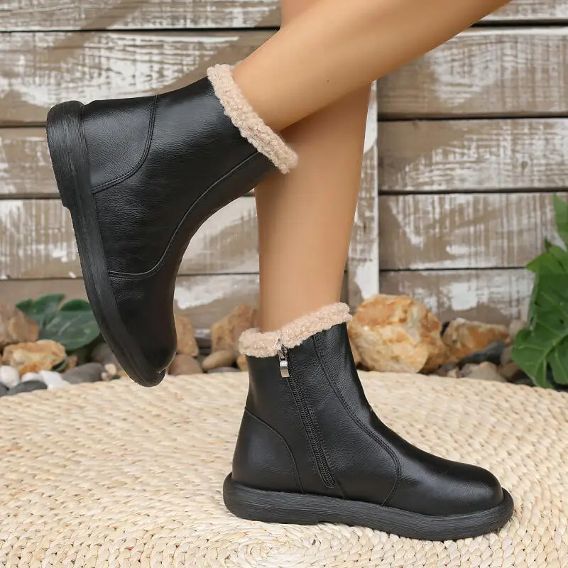 Comfortable Flat Heel Warm Lambswool Ankle Boots Women Winter 2026 Soft Sole Waterproof Pu Snow Boots Women Plush Cotton Shoes