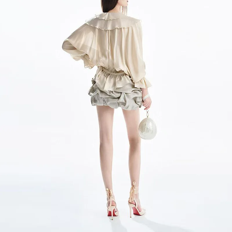 2025 New Long Sleeve Women's Personality Style Ruffled V-neck Waist Top New Female Summer Long-sleeved Solid Color Shirt Female