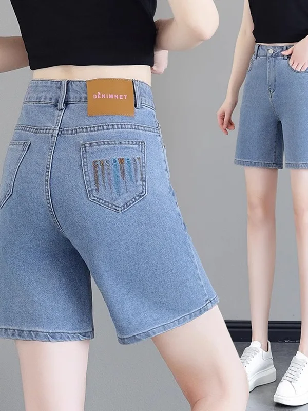 High Waist Short Jeans Women's Summer New Five-Point Embroidery Thin A-Line Loose Ice Silk Wide Leg Hot Pants