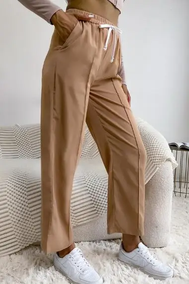 

Summer Solid Color Drawstring High Waisted Straight Leg Pants for Women, Slim Fit with Lace Up and Decorative Straight Leg Pants
