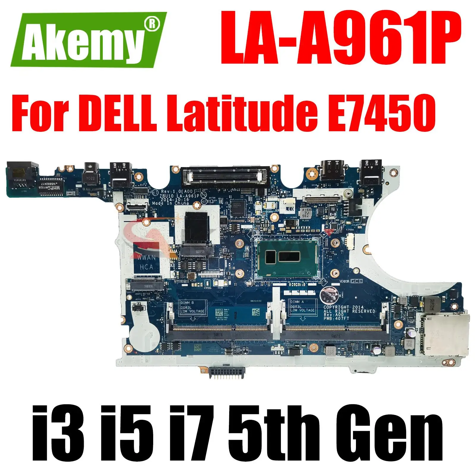 

LA-A961P для ноутбука dell Latitude E7450 7450, материнская плата для ноутбука, CN-0Y15C1 0420PP, системная плата, i3-5010U центральный процессор