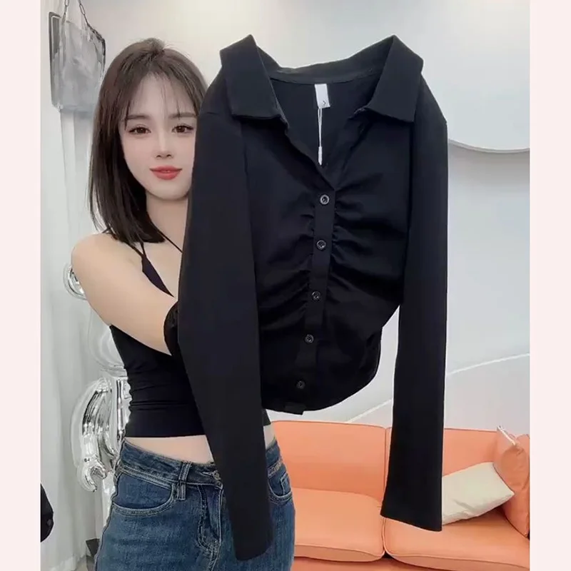 Autumn 2025 Women's Fashion Slim Fit Long Sleeve T-Shirt Design Sense Pleated Waist Flattering Collar Versatile Korean Style