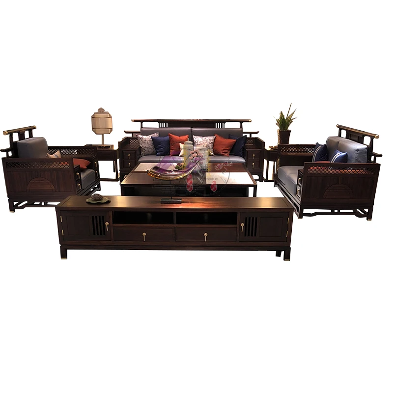 

New Chinese Sofa Modern Living Room Solid Wood Ugyen Ebony Combination Villa Zen Light Luxury High-End Whole House Furniture