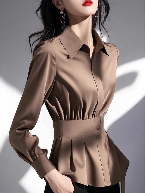 

Ele Chic Coffee-Colored Waist-Cut irt for Women Sli Busin Lady Faionable Long Sve Collar Regular Fit