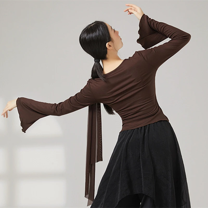 Abito da ballo moderno Top da donna Manica a rete svasata Camicia fluida in tulle con giunture Orlo irregolare Abiti da allenamento quotidiano Stage Yoga Chic Tee