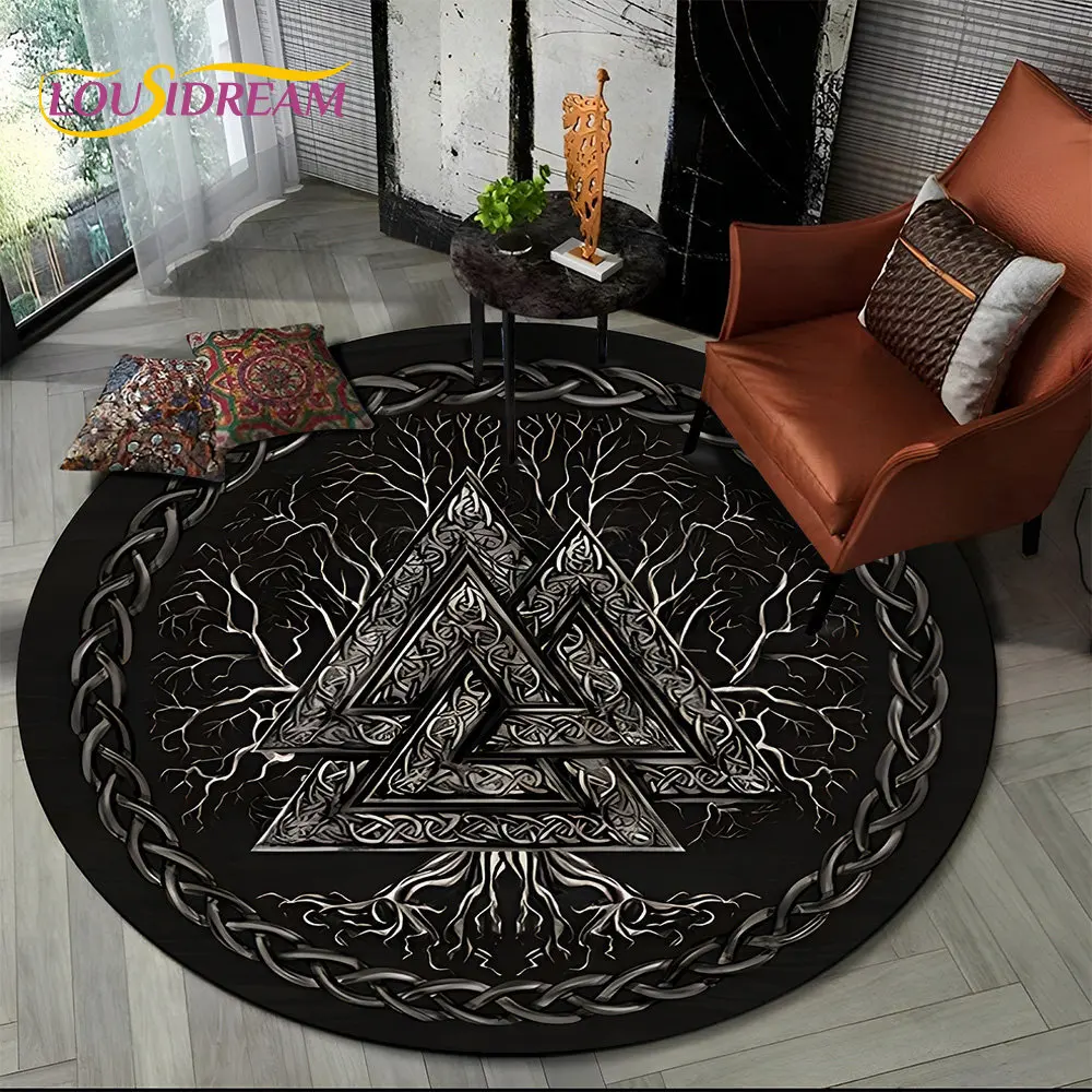 Viking Valknut Yggdrasil Tree of Life Round Area Rug,Carpet Rug for Living Room Bedroom Sofa Playroom Decor,Non-slip Floor Mat