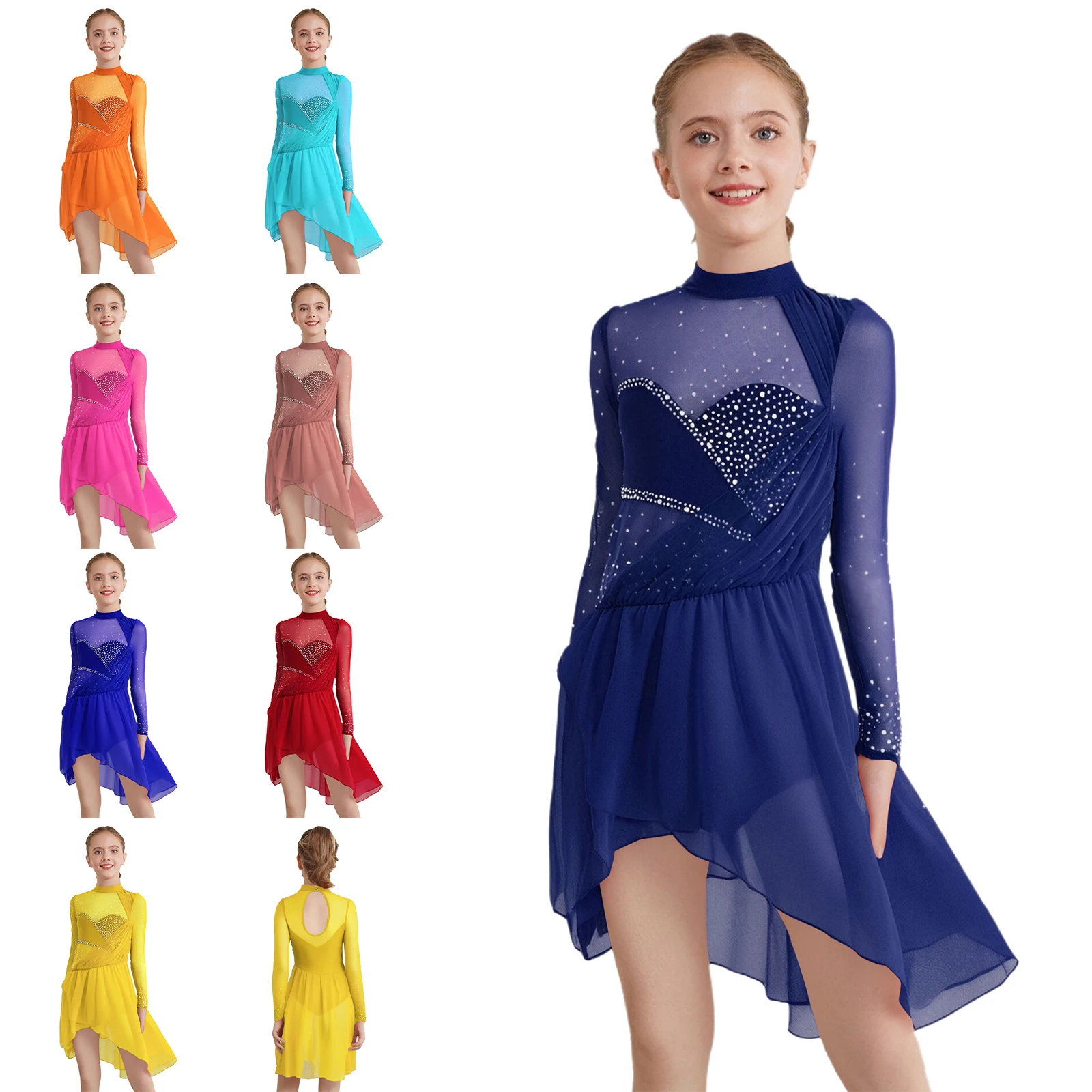 Girls Gymnastics Modern Dance Dress Long Sleeves Shiny Rhinestones Dress with Built-in Briefs for Latin Jazz Dance Performance