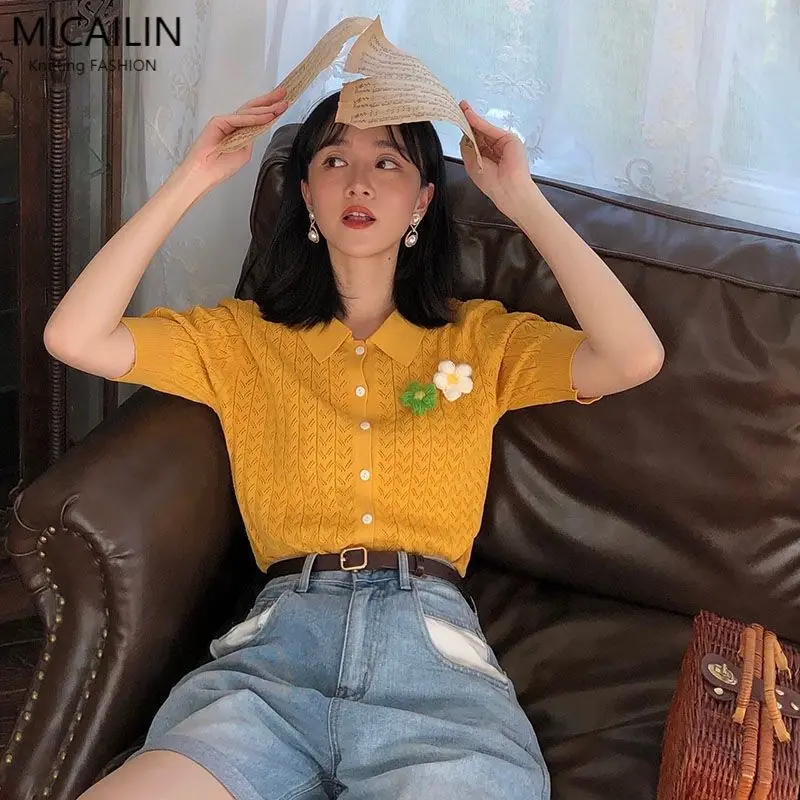 Vintage Solid Color Short Sleeve Women\'s Clothing 2024 Trend New Temperament Knitting Shirts Summer Buttons All-match Blouses