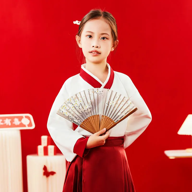 2024 Girls Tang Tunic Shirt White Tops Oriental Crossed Collars Design Hanfu Costume Traditional White Classical Clothings Kids