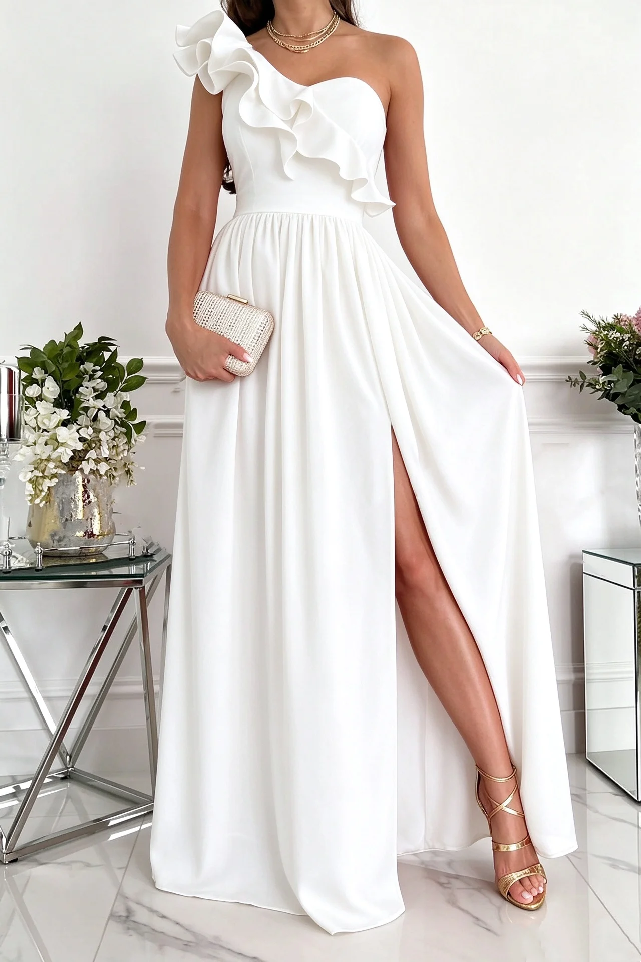 Womens One Shoulder Ruffle Maxi Gown High Waist Side Split Sleeveless Long Formal Dress Wedding Evening Party Dress