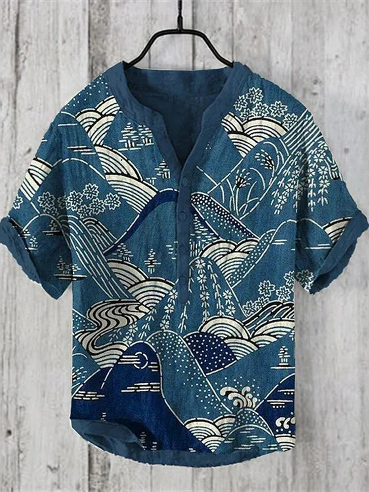 

Amazon 2024 New Foreign Trade Men's Casual V-neck Three Button Hawaiian Shirt Short Sleeve 3D Printed Men's