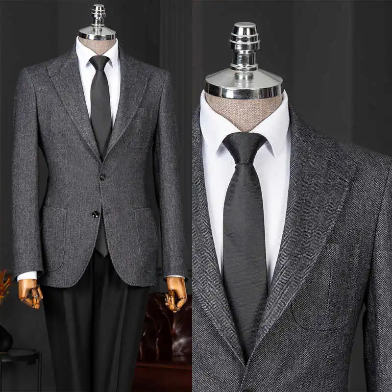 Classic Herringbone Men 2 Piece Suit Notch Lapel Blazer Trousers Set For Business Wedding Formal Banquet Occasion Customized