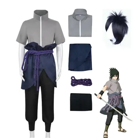Anime Hokage Uchiha Sasuke Cosplay Kostuums Shippuden Sasuke Derde Generatie Pak Halloween Kostuum Grijs Tops Pak Pruik Kleding