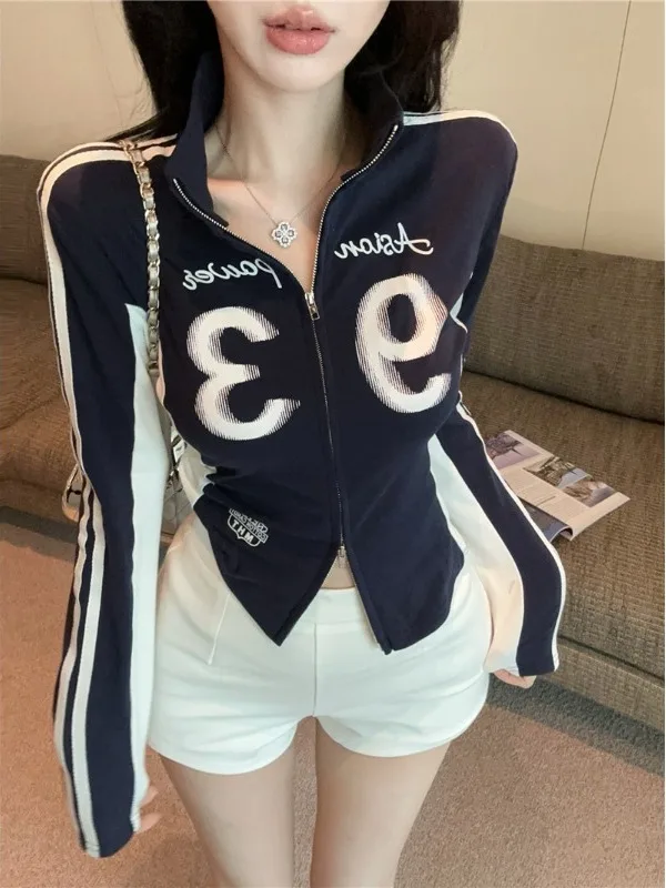 Retro Amerykańska Wiosenno-Jesienna Kurtka z Podwójnym Zamkiem, Długi Rękaw, Stójka, Damska, Dopasowany Krój, Stylowy Top