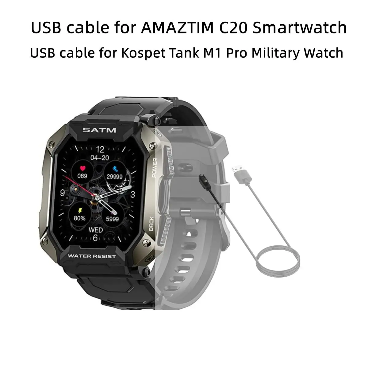 Chargeur magnétique de remplacement pour Kospet Previous Dallas Pro, câble USB, compatible avec AMAZTIM C20 Smartwatch, montre militaire C20 C16