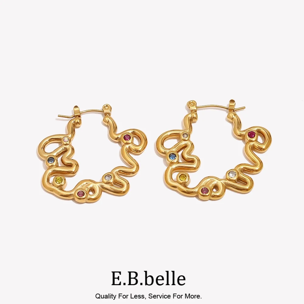 E.B.belle Fashion Colorful Rhinestone Abstract Twisted Lines Earrings Stainless Steel Round Hypoallergenic Women Ear Jewelry