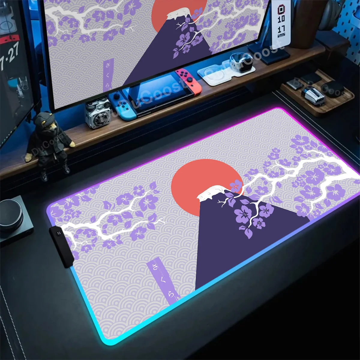 

Purple Cherry Blossom Rgb Deskmat Cute Pastel Purple Cherry Sakura Cat Art Design Mousepad XXL kawaii Keyboard Pad LED Backlight