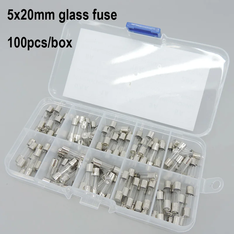 100Pcs/box 5x20mm 2cm Quick Blow Glass Tube Fuse Assorted Kits Fast-blow Fuses 5x20 0.5A 1A 2A 3A 5A 6A 8A 10A 15A 20A