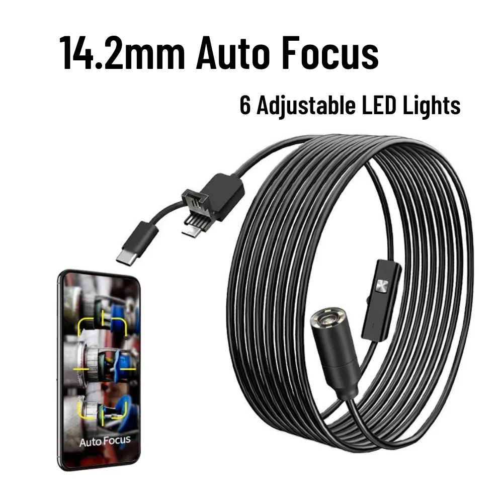 12mm 14.2mm Auto Focus Endoscope Camera 5MP Waterproof Type-C Car Repair Drain Inspection Borescope 15m 20m for Android Phone PC