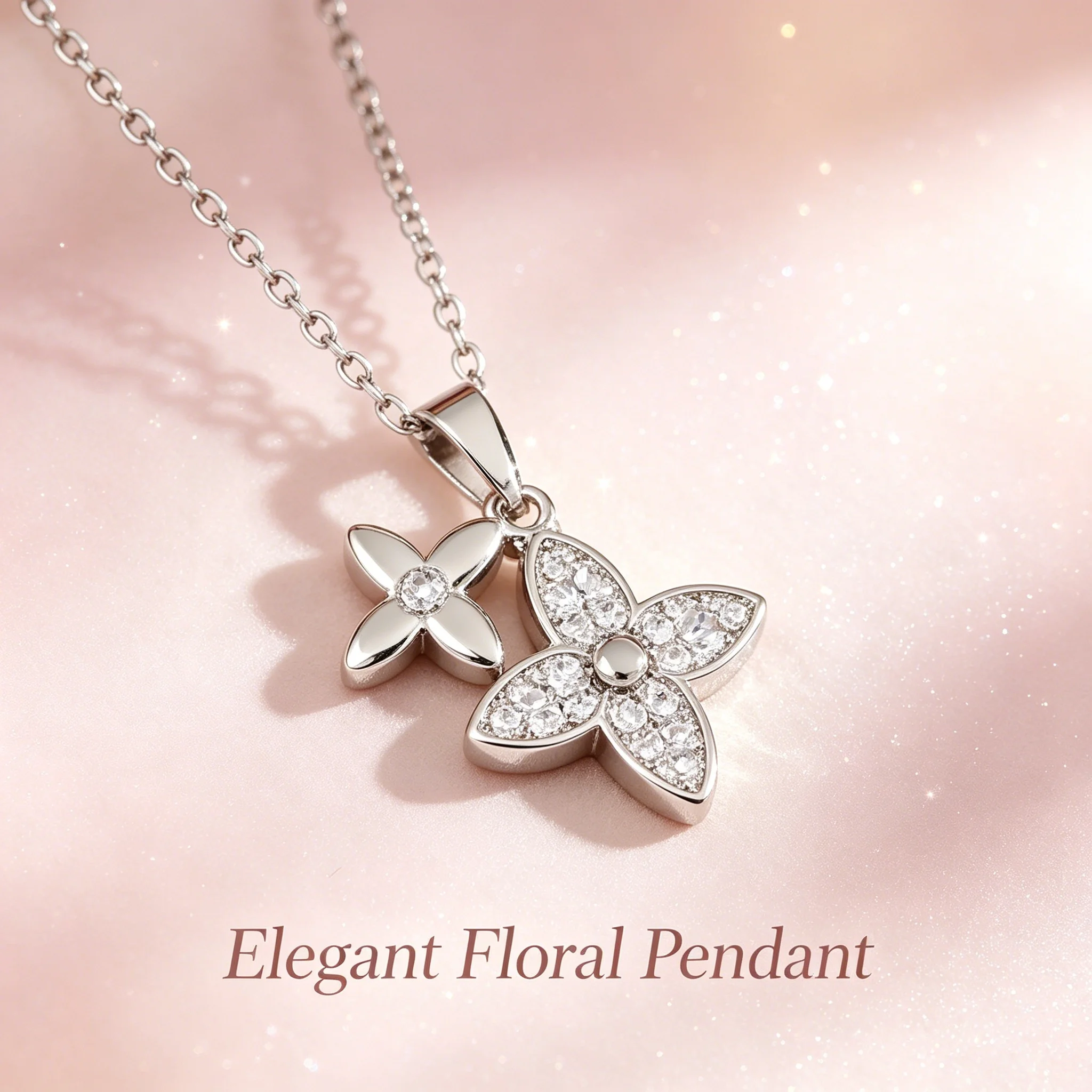 Golden Tone  Double Clover Pendant Necklace, Full Shiny Finish Elegant Lucky Jewelry Birthday Gift for Women Girls