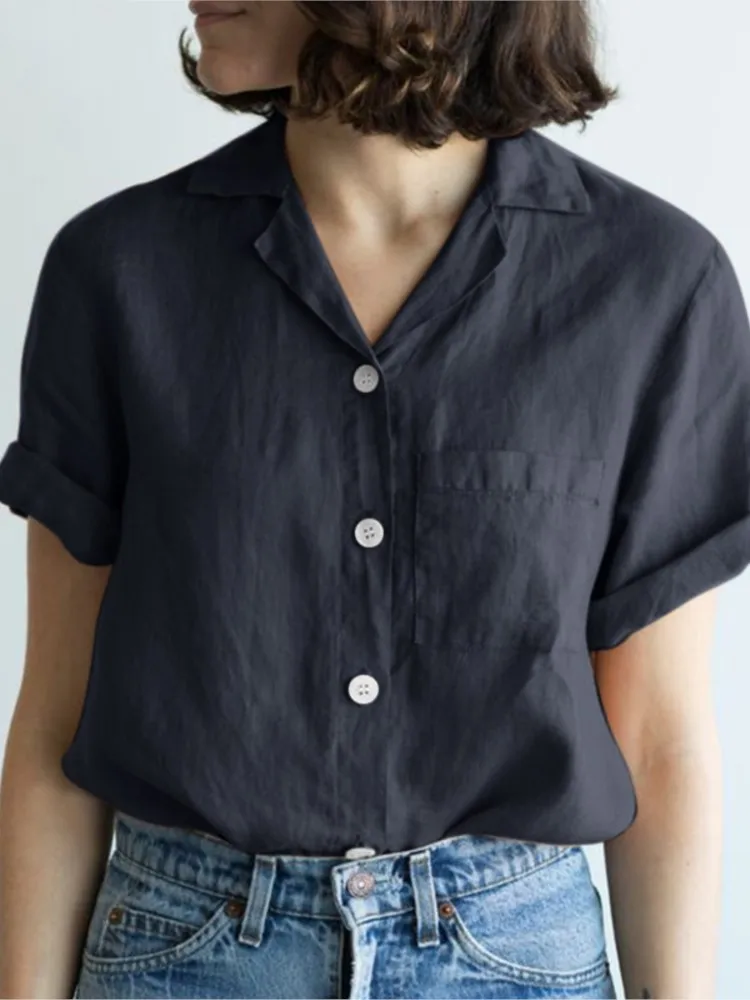 

Summer New Women's Shirt Top Fashionable Solid Color Cotton Linen Pocket Single Breasted Casual Lapel Short Sleeved Shirt