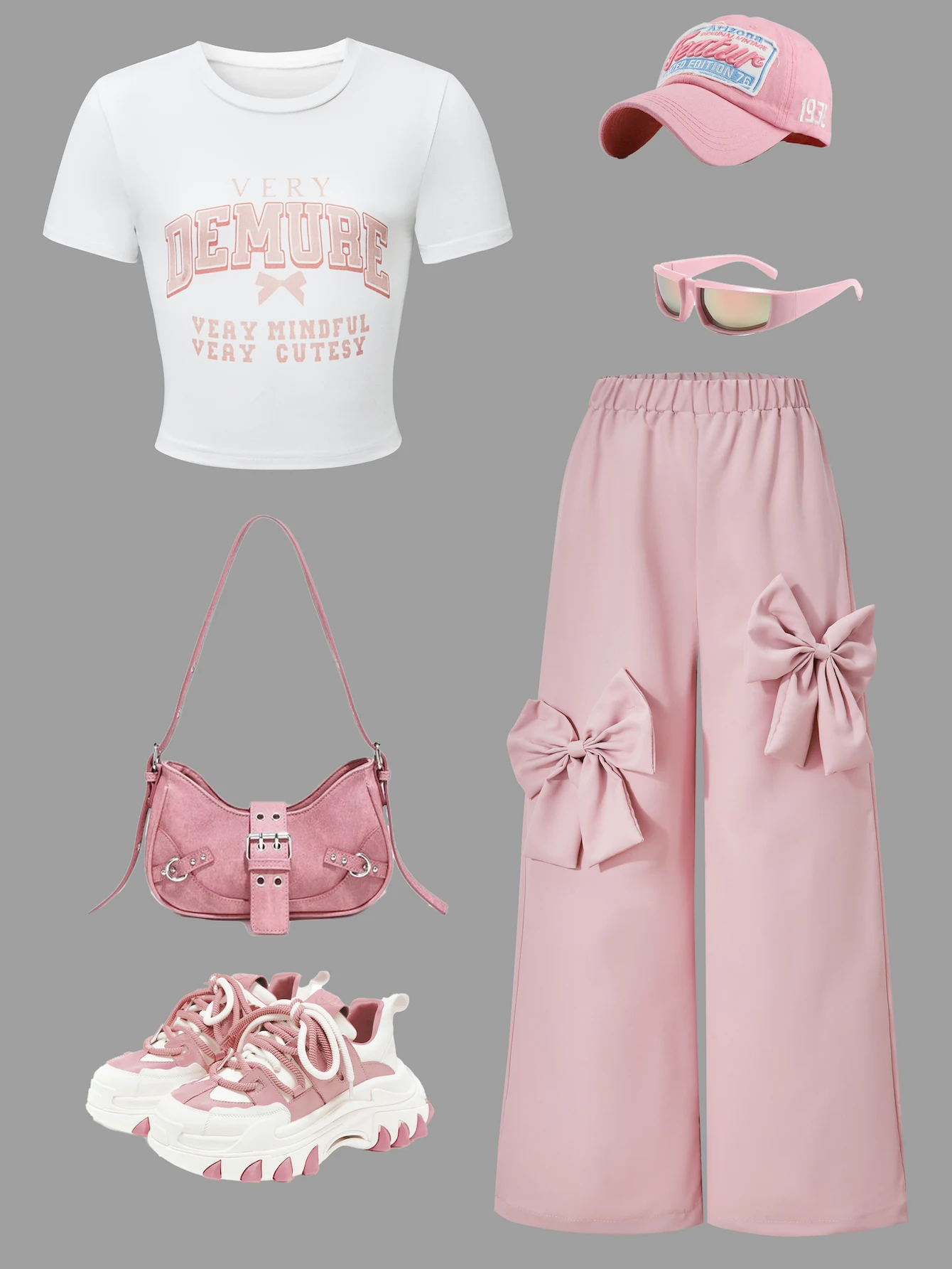 Fashionable girl's two-piece casual outfit; girls' short-sleeved top with bow tie and wide-leg trousers; straight trousers