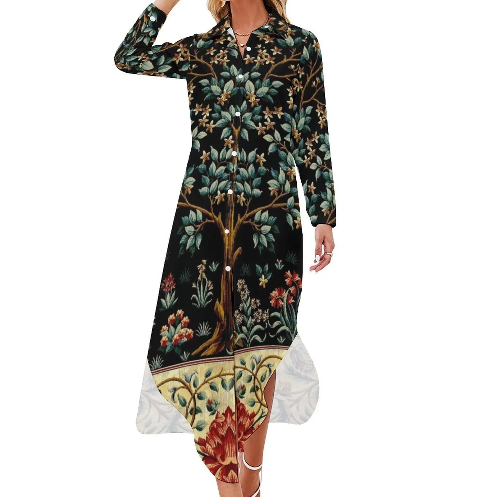 

The Tree of Life Midnight Floral Tapestry Long Sleeved Shirt Dress dress party night women's clothing korea stylish