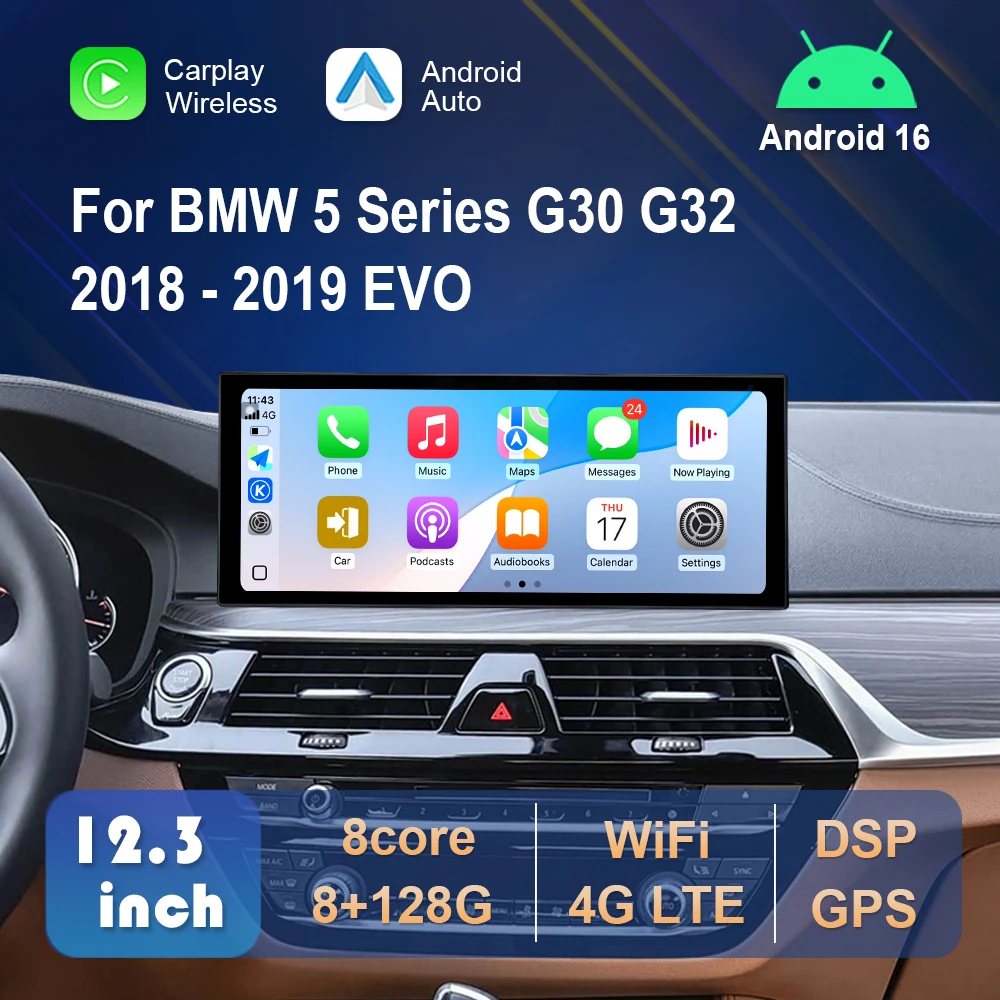 Android 16 für BMW 5er G30 G32 2018 - 2019 EVO System Carplay 4G WLAN GPS Autoradio Video-Multimedia-Player DSP Stereo