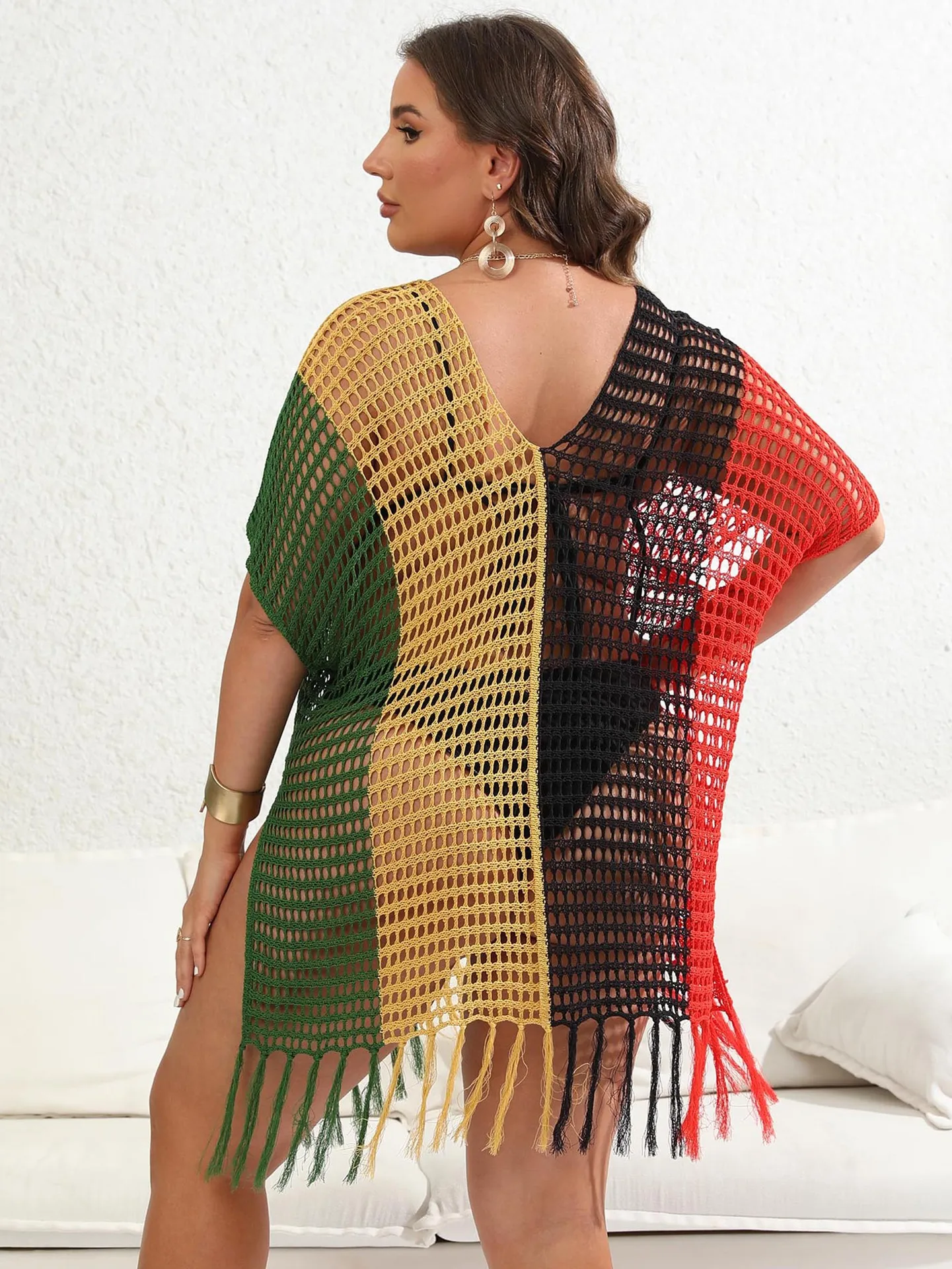 Plus size 4 cores retalhos decote em v bikini cover-up sexy oco túnica vestido de verão com borlas vestido de praia de malha para mulher