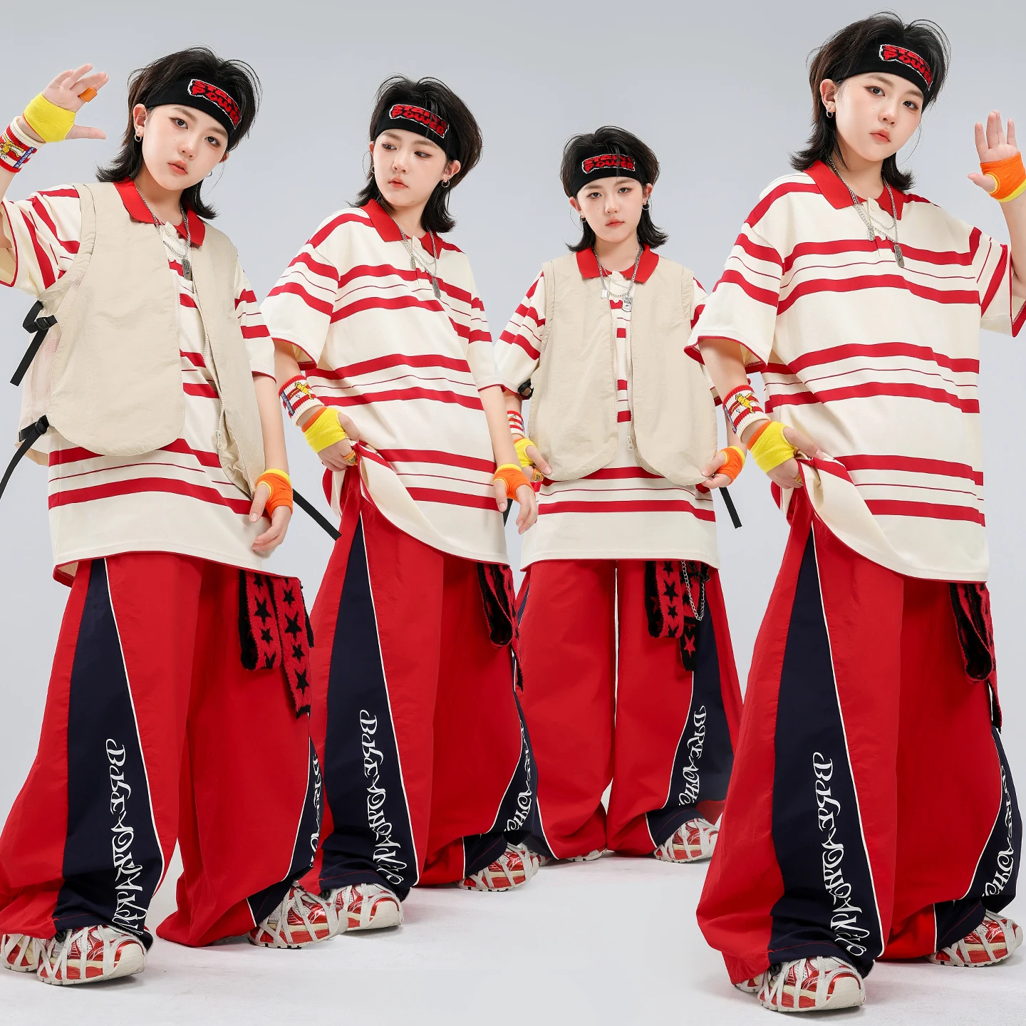 Kids Hip‑hop Dance Costume Red White Striped Polo T‑shirt Vest Wide Leg Pants Boys Girls Streetwear Stage Performance Outfits