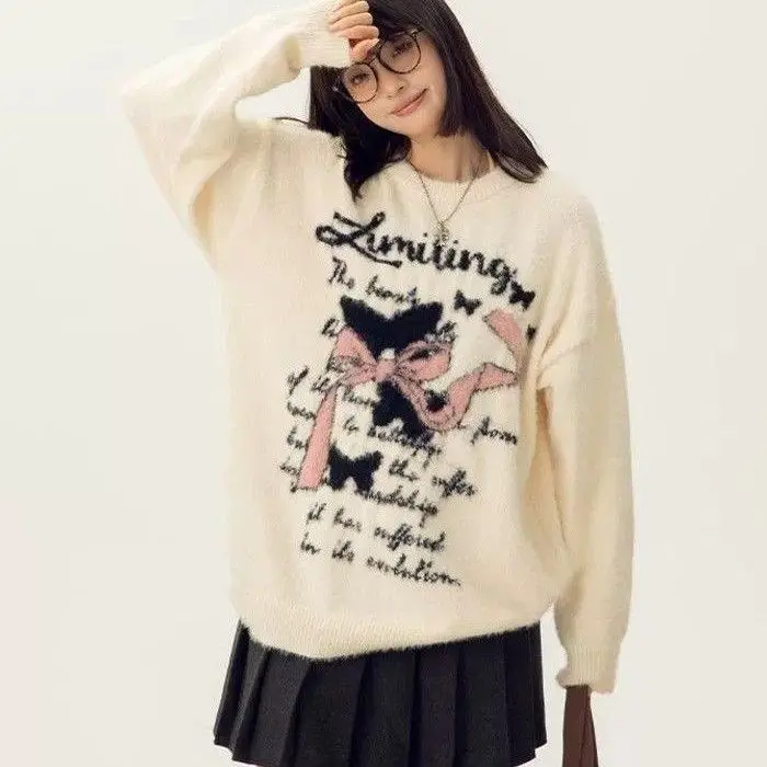 

Versatile Sweet Soft Waxy Sweater Bow Jacquard Sweater for Women New Loose Casual Top